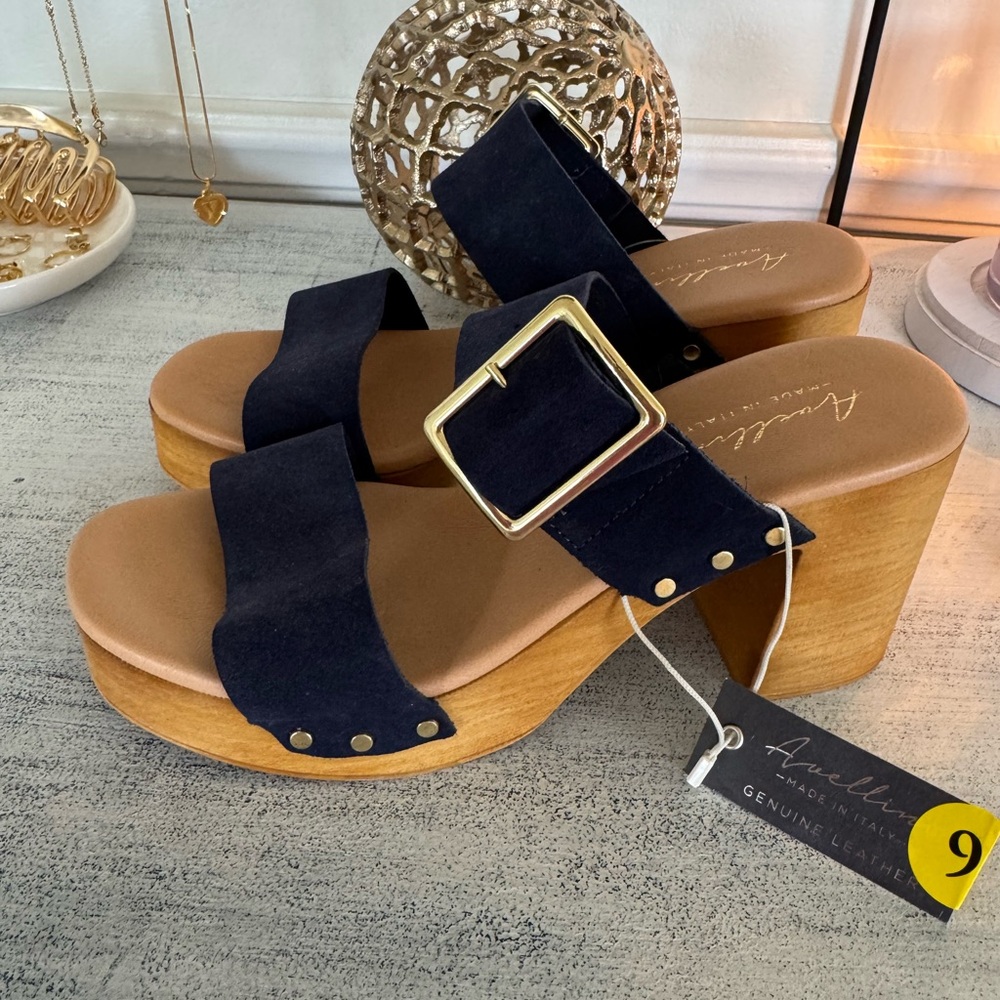 Aurielle Women's Navy Leather Sandals with Gold Buckle
